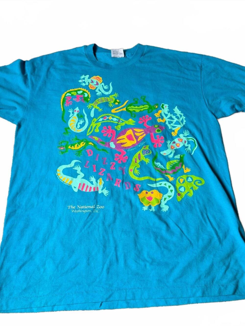 Vintage Single Stitch Hanes Dizzy Lizards National Zoo Teal T-Shirt XL USA